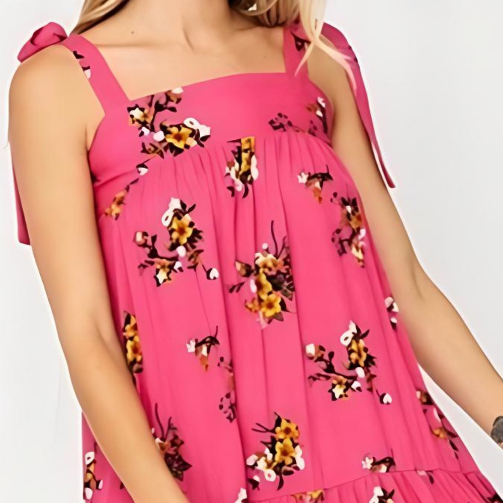 New! CES FEMME Boho Ruffle Tiered Self Tie Pink Tank Dress! - Picture 4 of 4